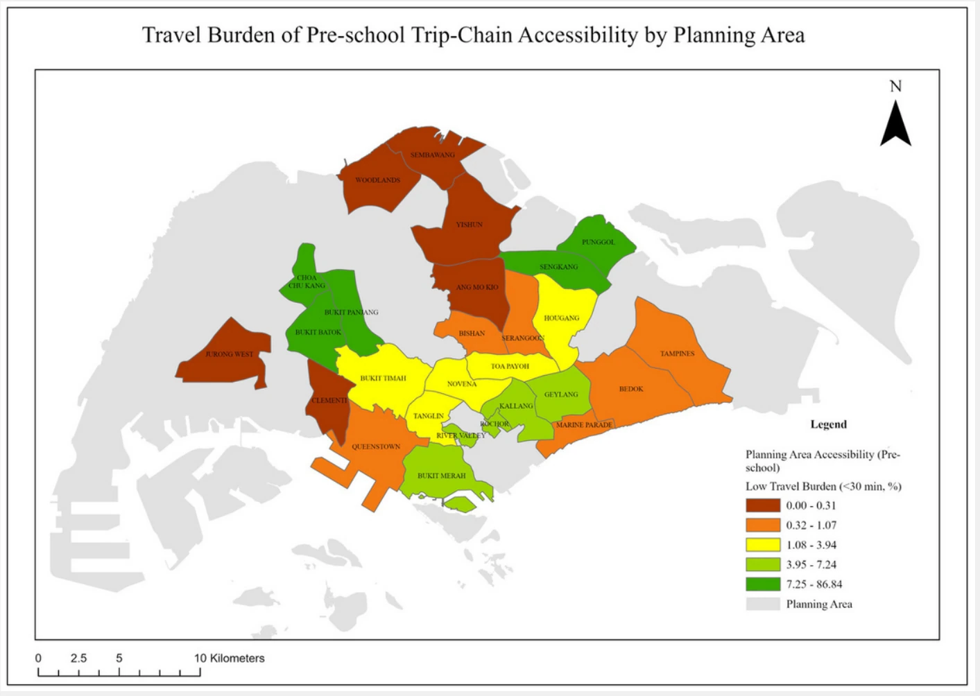 Planning area choropleth map showing the share of preschool trip chains with a low travel burden in Singapore.