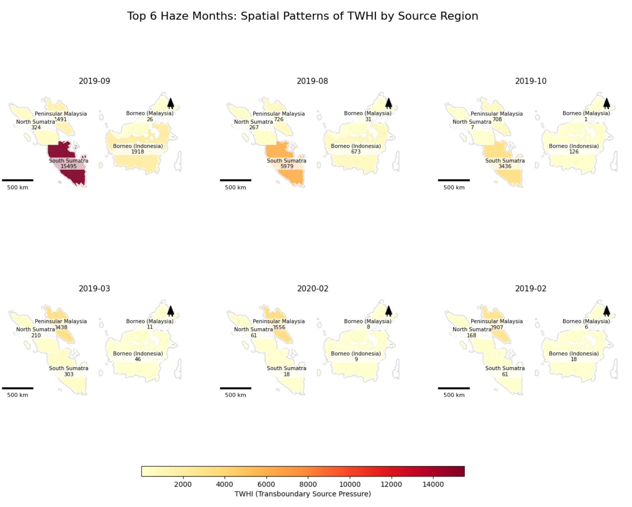 Small-multiple maps showing the source-region patterns of transboundary haze pressure.