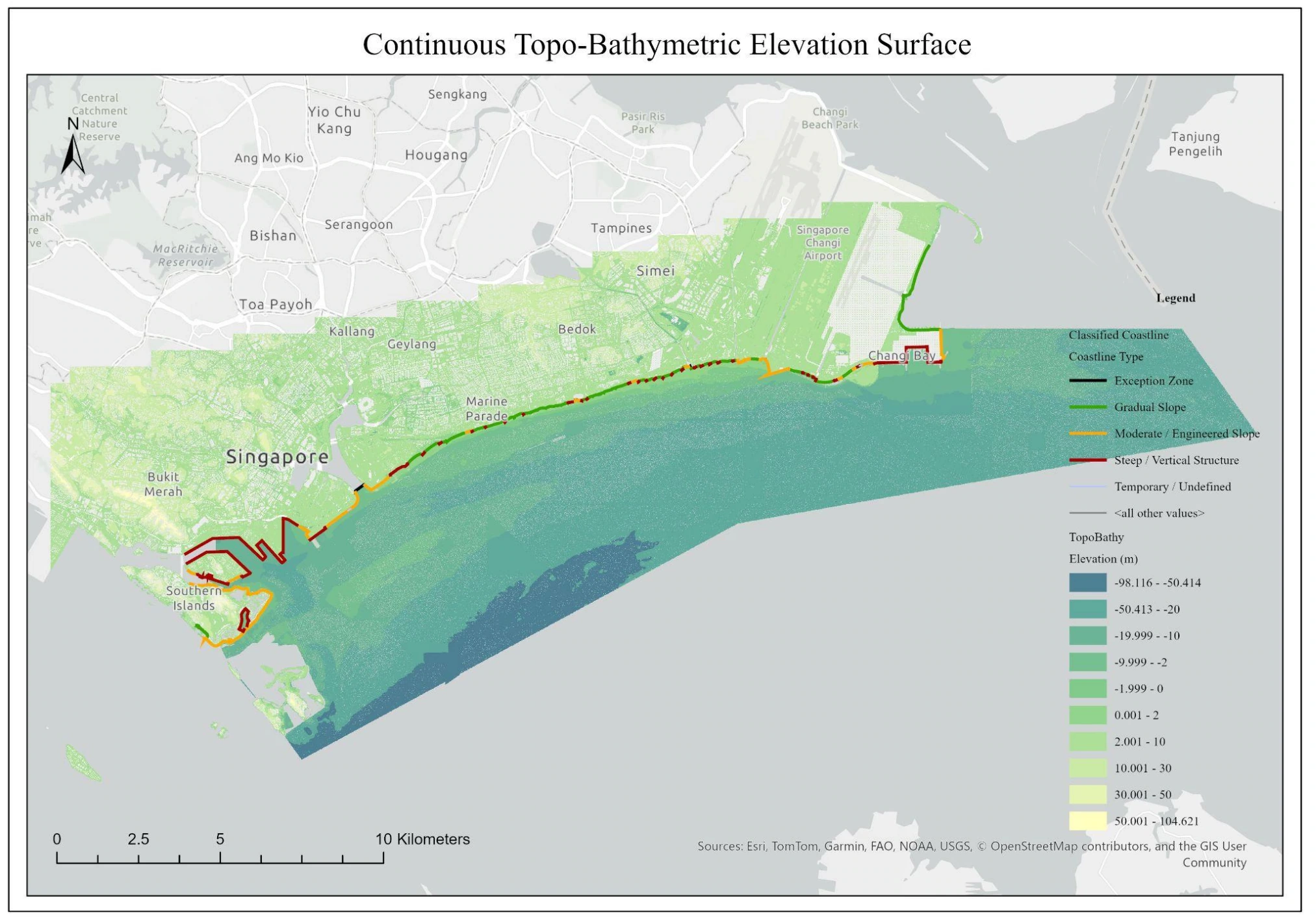 Continuous land and seabed elevation map along Singapore’s east coast, reproduced from Map 18 of the GE6226 research report.