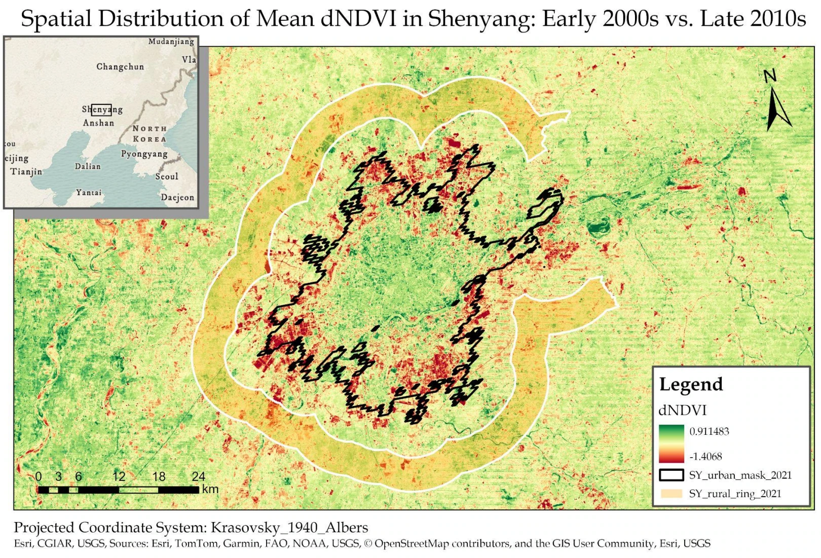 Vegetation change map of Shenyang showing NDVI differences and the urban boundary.